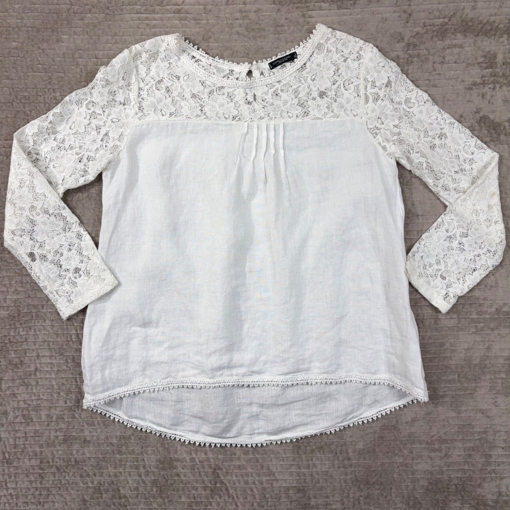Lungo L'Arno White 100% Linen Lace Yoke Blouse Made in Italy Size S ART 88633